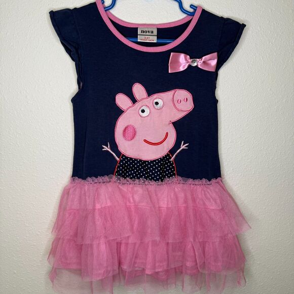 Peppa Pig Girls Tutu Dress Navy Pink 3-4Y by Nova | Ruffle Skirt & Bow Preowned - Picture 2 of 6